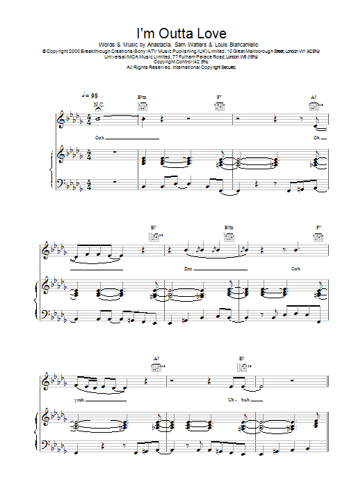 Anastacia I'm Outta Love sheet music notes and chords arranged for Lead Sheet / Fake Book