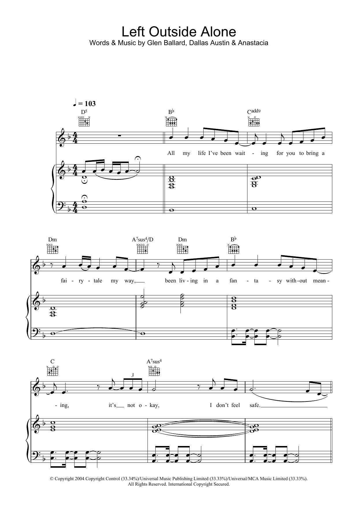 Anastacia Left Outside Alone sheet music notes and chords arranged for Piano, Vocal & Guitar Chords