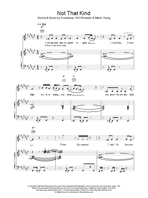 Anastacia Not That Kind sheet music notes and chords arranged for Piano, Vocal & Guitar Chords