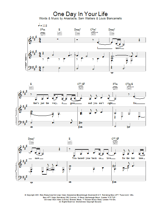 Anastacia One Day In Your Life sheet music notes and chords arranged for Piano, Vocal & Guitar Chords (Right-Hand Melody)