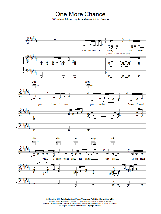 Anastacia One More Chance sheet music notes and chords arranged for Piano, Vocal & Guitar Chords