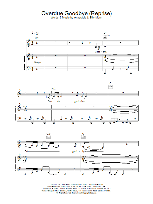 Anastacia Overdue Goodbye sheet music notes and chords arranged for Piano, Vocal & Guitar Chords