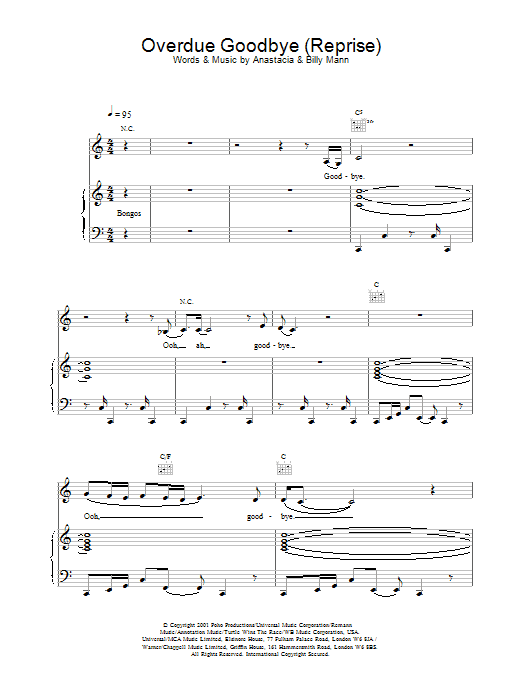 Anastacia Overdue Goodbye (Reprise) sheet music notes and chords arranged for Piano, Vocal & Guitar Chords