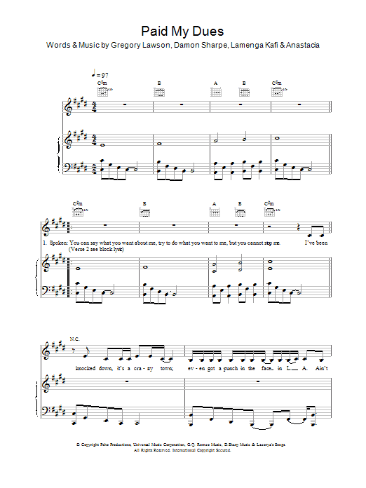 Anastacia Paid My Dues sheet music notes and chords arranged for Piano, Vocal & Guitar Chords