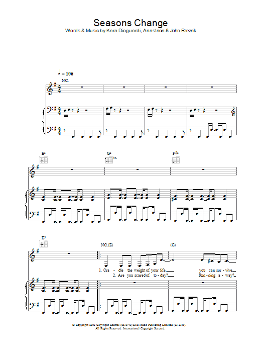 Anastacia Seasons Change sheet music notes and chords arranged for Piano, Vocal & Guitar Chords