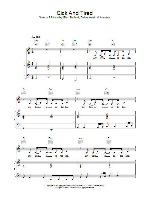 Anastacia Sick And Tired sheet music notes and chords arranged for Piano, Vocal & Guitar Chords