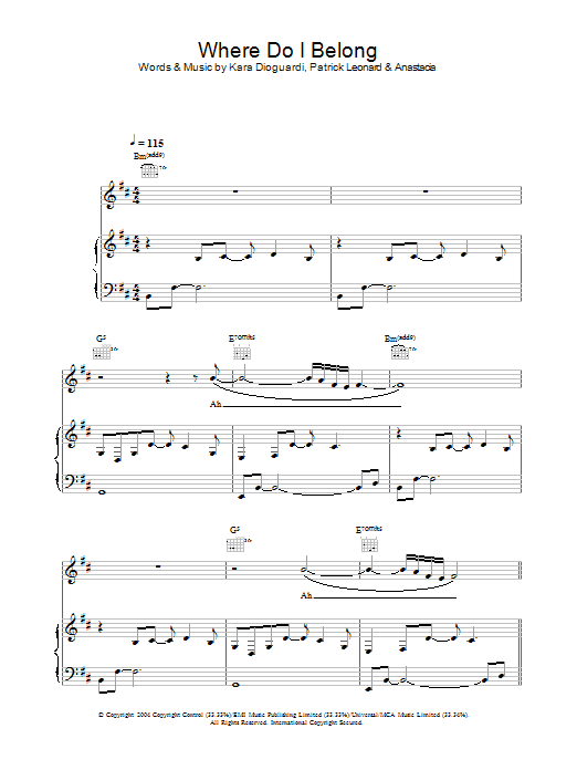 Anastacia Where Do I Belong sheet music notes and chords arranged for Piano, Vocal & Guitar Chords