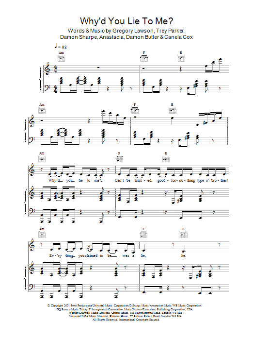 Anastacia Why'd You Lie To Me? sheet music notes and chords arranged for Piano, Vocal & Guitar Chords