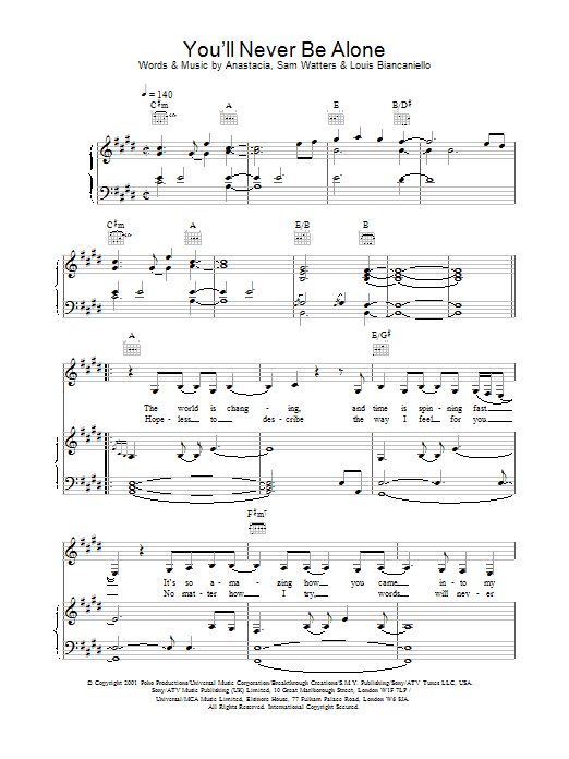 Anastacia You'll Never Be Alone sheet music notes and chords arranged for Piano, Vocal & Guitar Chords