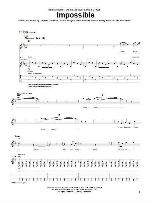 Anberlin Impossible sheet music notes and chords arranged for Guitar Tab