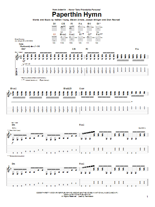 Anberlin Paperthin Hymn sheet music notes and chords arranged for Guitar Tab