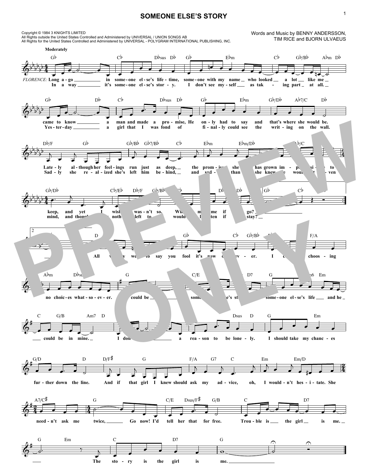 Andersson and Ulvaeus Someone Else's Story (from Chess) sheet music notes and chords arranged for Lead Sheet / Fake Book