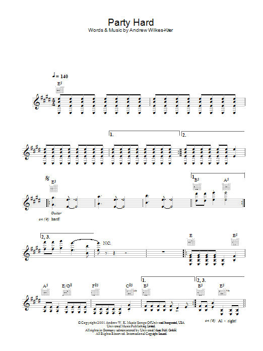 Andrew W.K. Party Hard sheet music notes and chords arranged for Lead Sheet / Fake Book