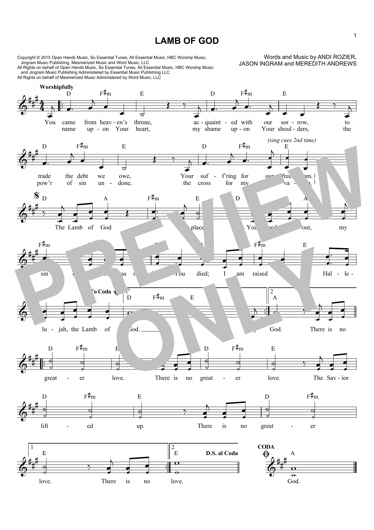 Andi Rozier Lamb Of God sheet music notes and chords arranged for Lead Sheet / Fake Book