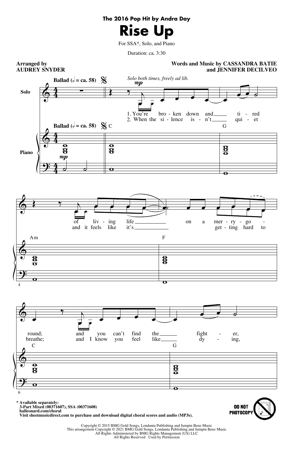 Andra Day Rise Up (arr. Audrey Snyder) sheet music notes and chords arranged for 3-Part Mixed Choir