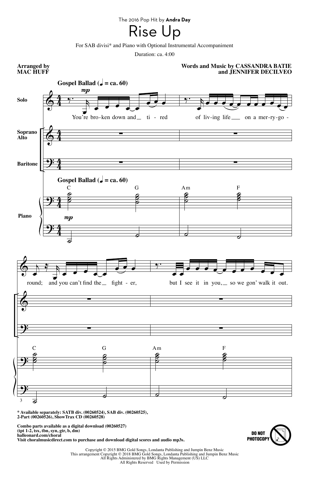 Andra Day Rise Up (arr. Mac Huff) sheet music notes and chords arranged for SAB Choir