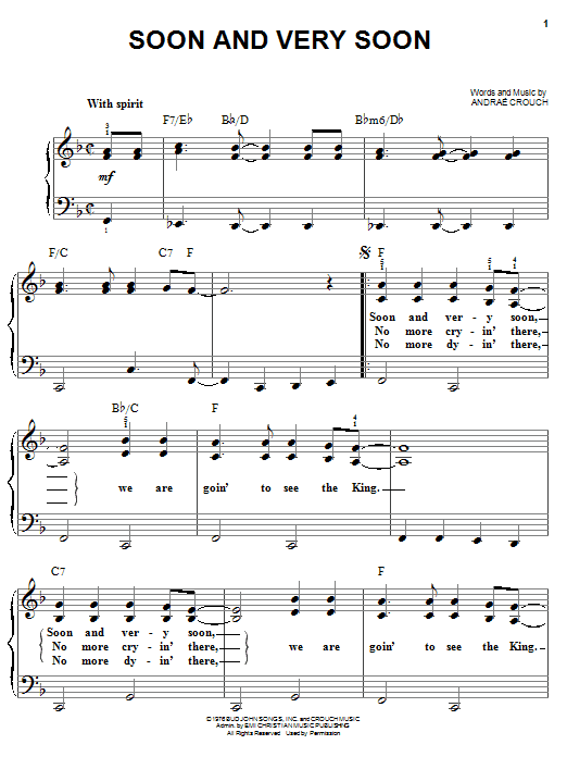Andrae Crouch Soon And Very Soon sheet music notes and chords arranged for Piano, Vocal & Guitar Chords (Right-Hand Melody)