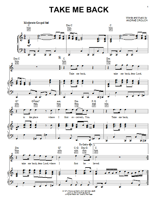 Andraé Crouch Take Me Back sheet music notes and chords arranged for Piano, Vocal & Guitar Chords (Right-Hand Melody)