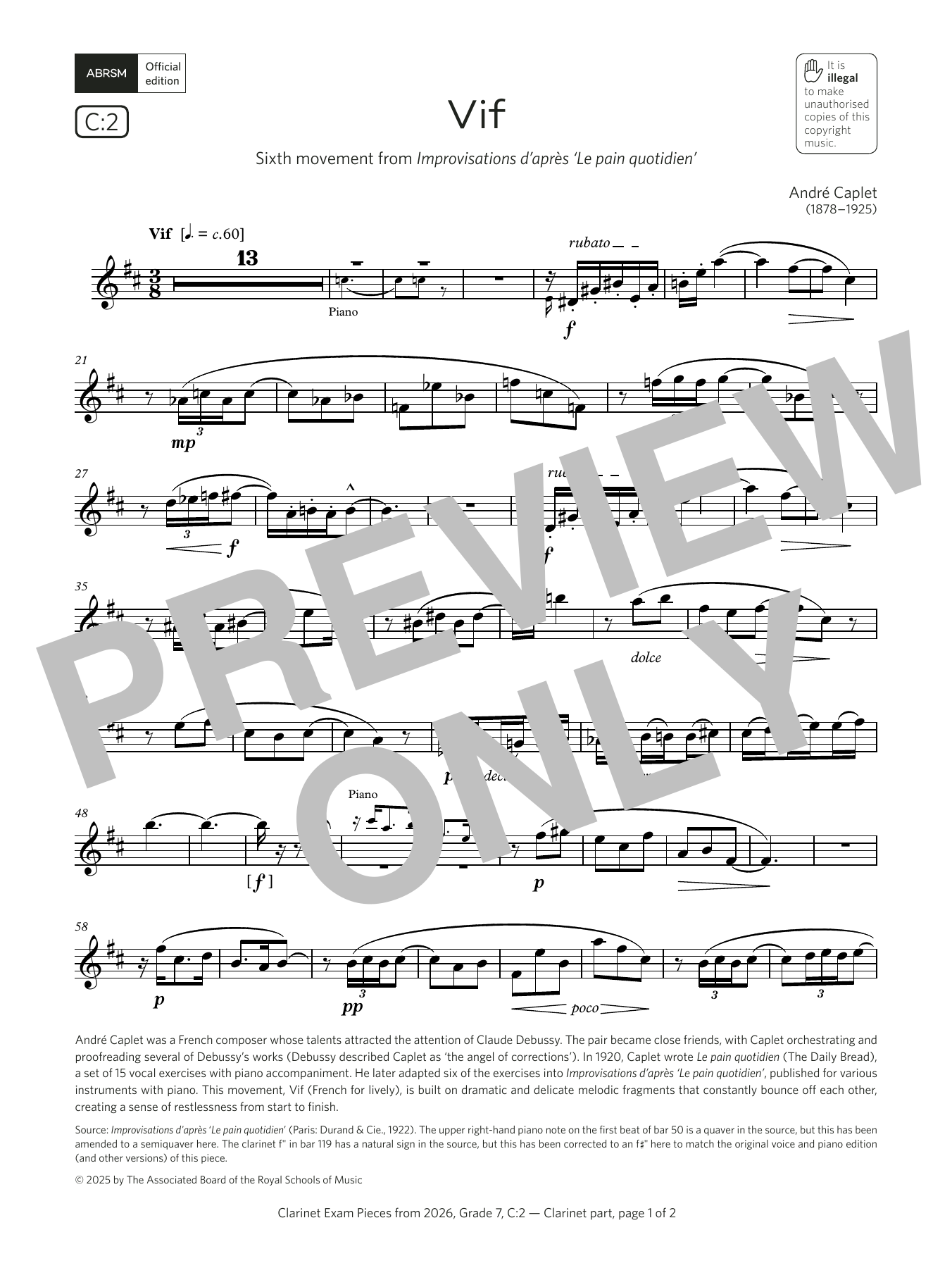 André Caplet Vif (Grade 7, list C2, from the ABRSM Clarinet Syllabus from 2026) sheet music notes and chords arranged for Clarinet Solo