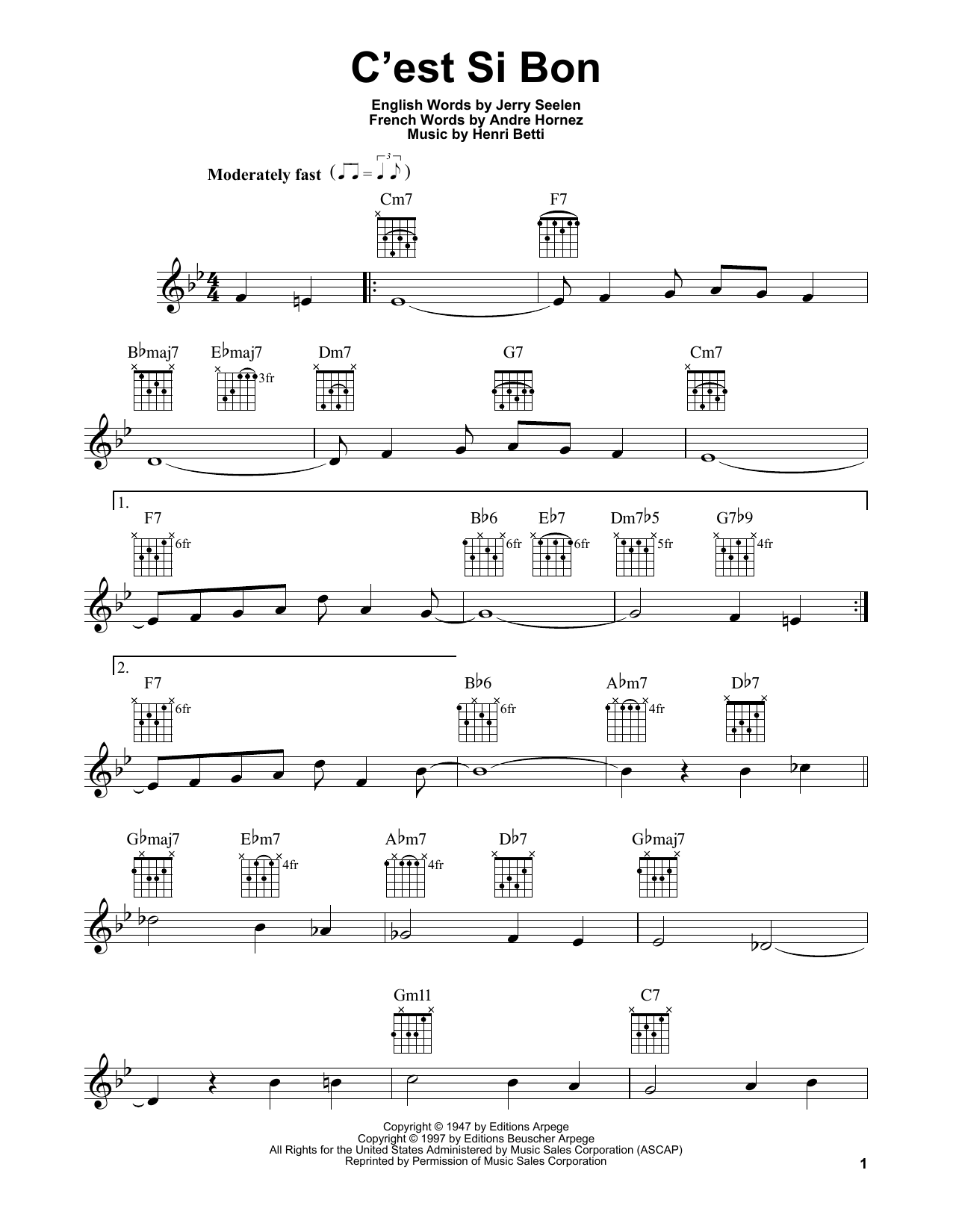 Andre Hornez C'est Si Bon sheet music notes and chords arranged for Easy Guitar
