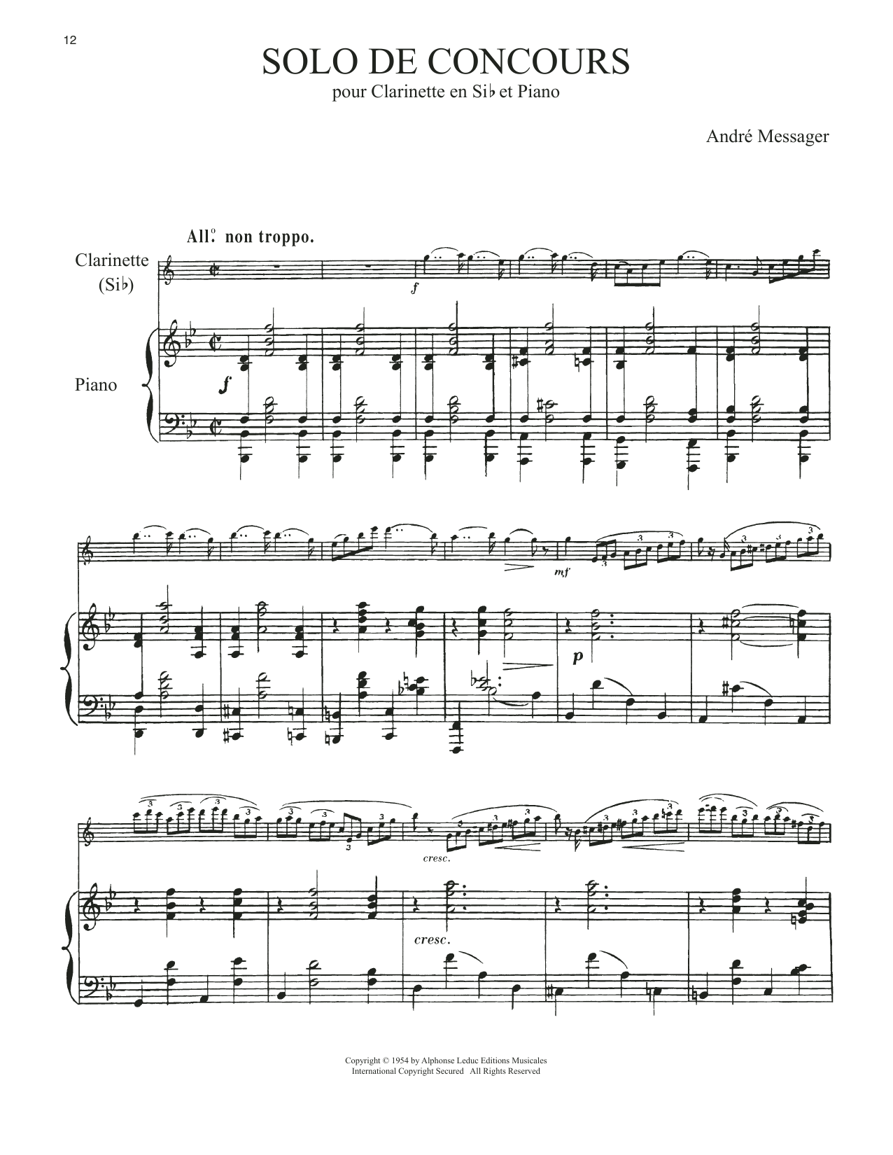 Andre Messager Solo De Concours sheet music notes and chords arranged for Clarinet and Piano