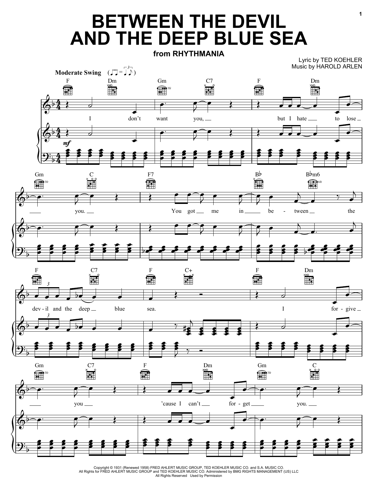 Andre Previn Between The Devil And The Deep Blue Sea sheet music notes and chords arranged for Piano, Vocal & Guitar Chords (Right-Hand Melody)