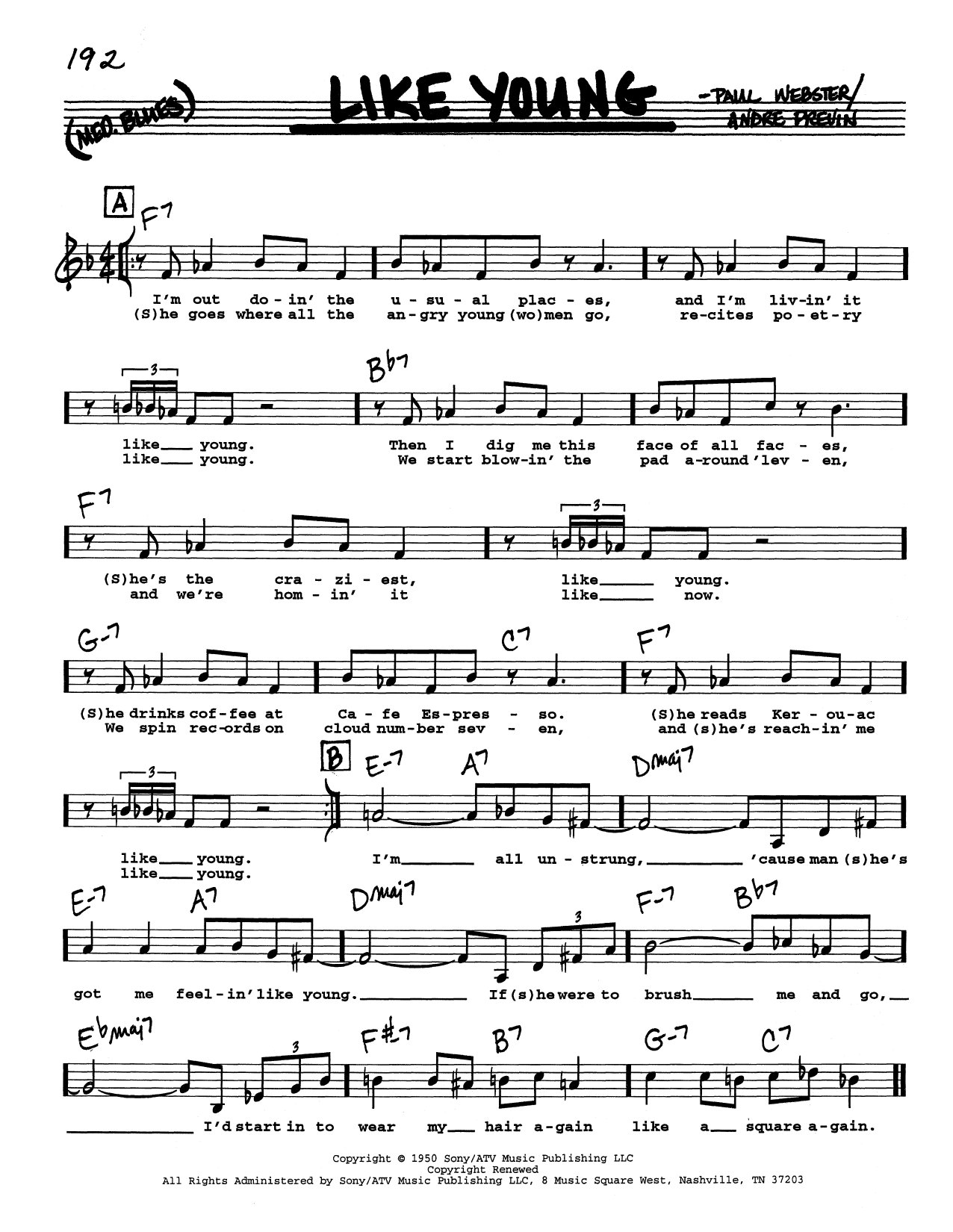 Andre Previn Like Young (Low Voice) sheet music notes and chords arranged for Real Book – Melody, Lyrics & Chords