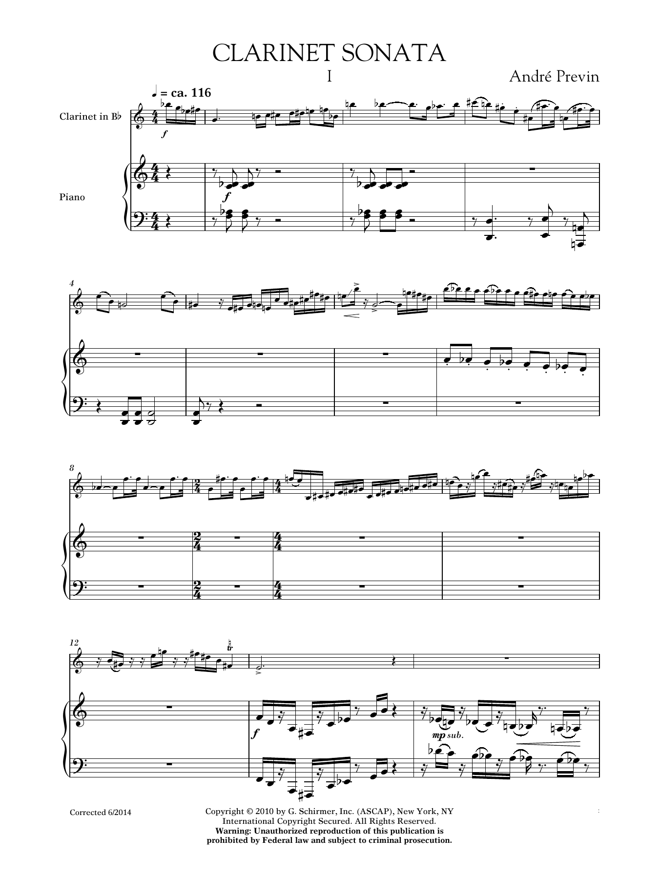 André Previn Sonata For Clarinet And Piano sheet music notes and chords arranged for Clarinet and Piano