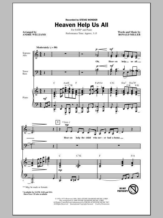 Andre Williams Heaven Help Us All sheet music notes and chords arranged for SSA Choir