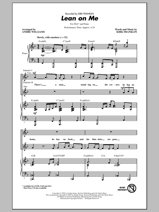 Andre Williams Lean On Me sheet music notes and chords arranged for SAB Choir