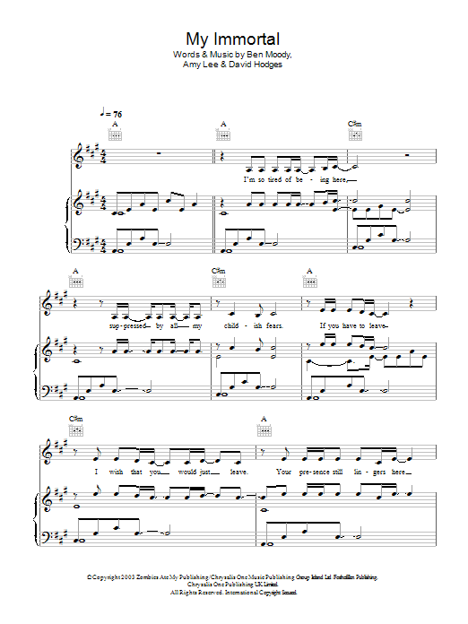 Andrea Begley My Immortal sheet music notes and chords arranged for Piano, Vocal & Guitar Chords