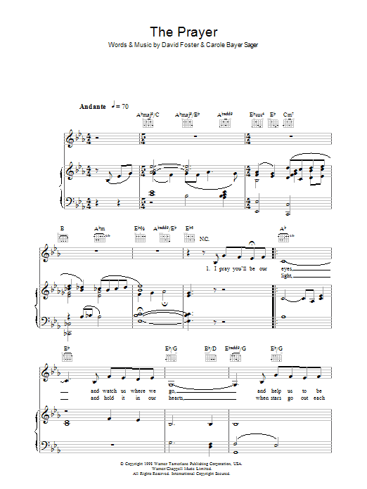 Andrea Bocelli & Celine Dion The Prayer sheet music notes and chords arranged for Piano, Vocal & Guitar Chords