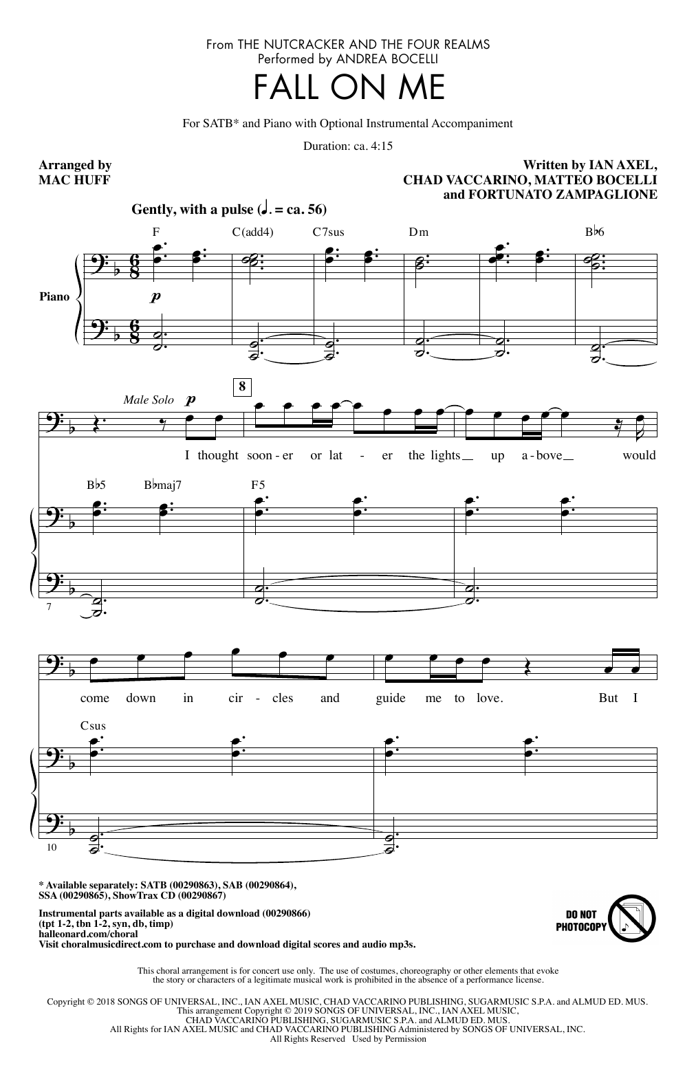 Andrea Bocelli & Matteo Bocelli Fall On Me (from The Nutcracker and the Four Realms) (arr. Mac Huff) sheet music notes and chords arranged for SATB Choir