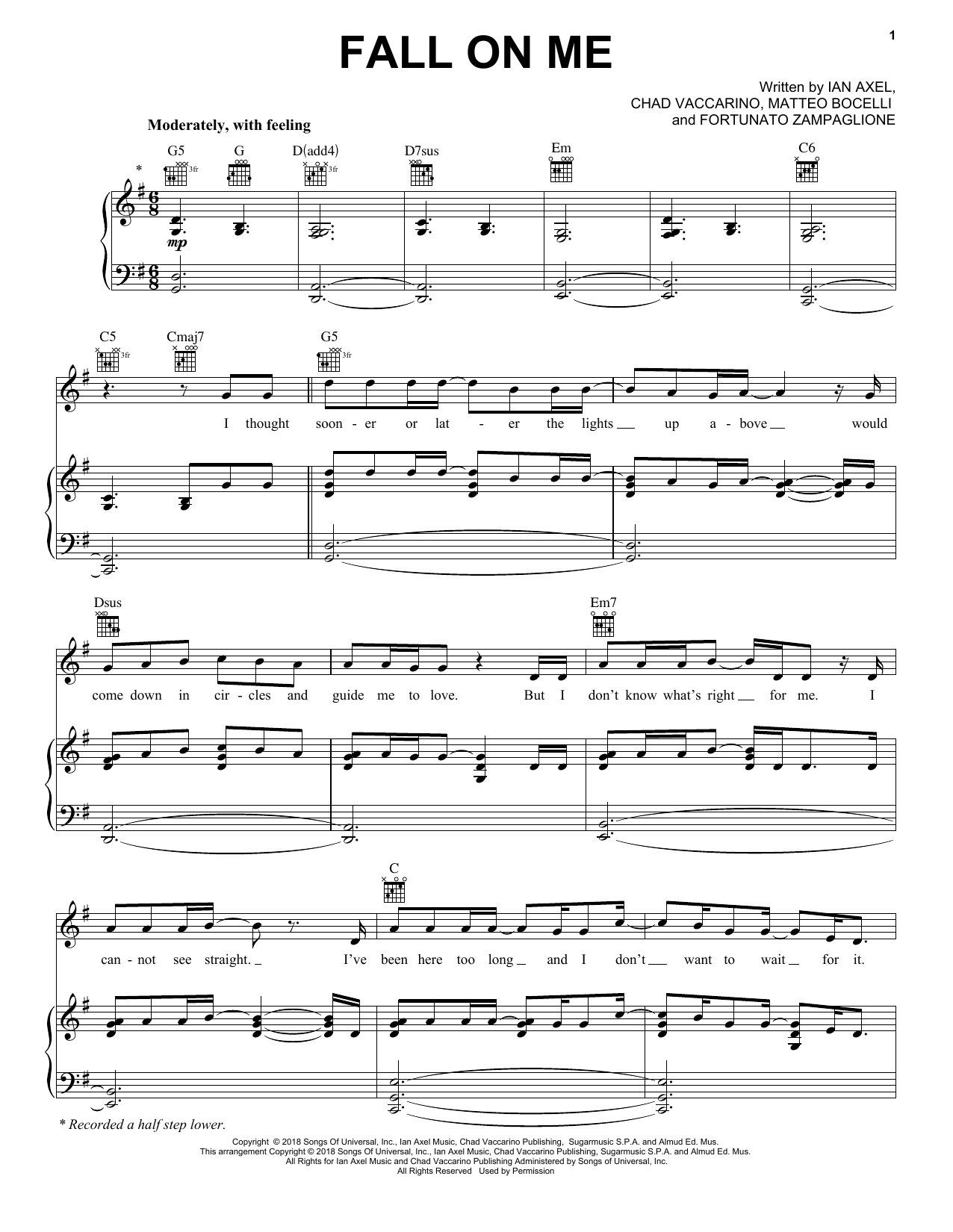 Andrea Bocelli & Matteo Bocelli Fall On Me (from The Nutcracker and the Four Realms) sheet music notes and chords arranged for Piano, Vocal & Guitar Chords (Right-Hand Melody)