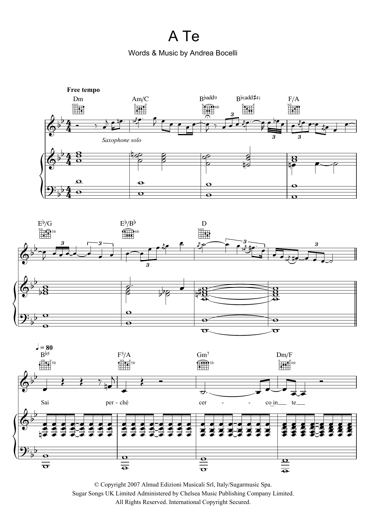 Andrea Bocelli A Te sheet music notes and chords arranged for Piano & Vocal