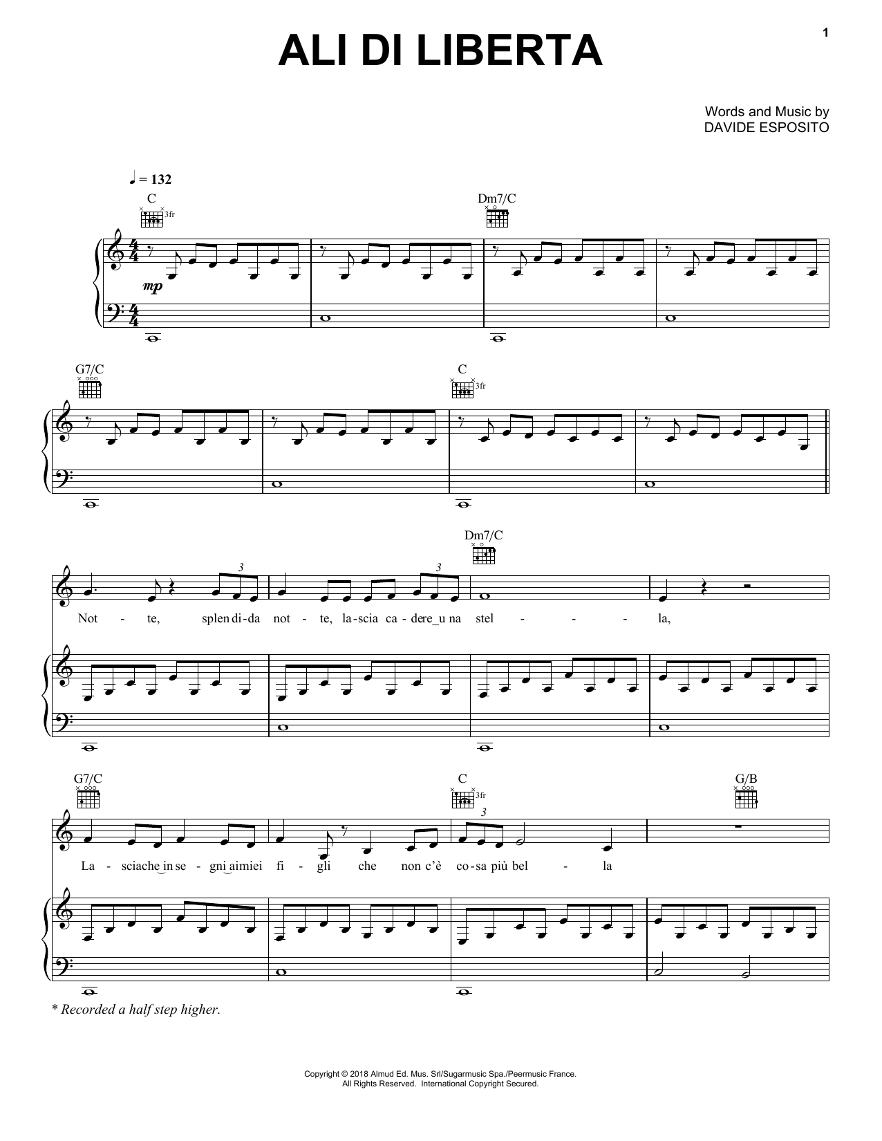 Andrea Bocelli Ali di Liberta sheet music notes and chords arranged for Piano & Vocal