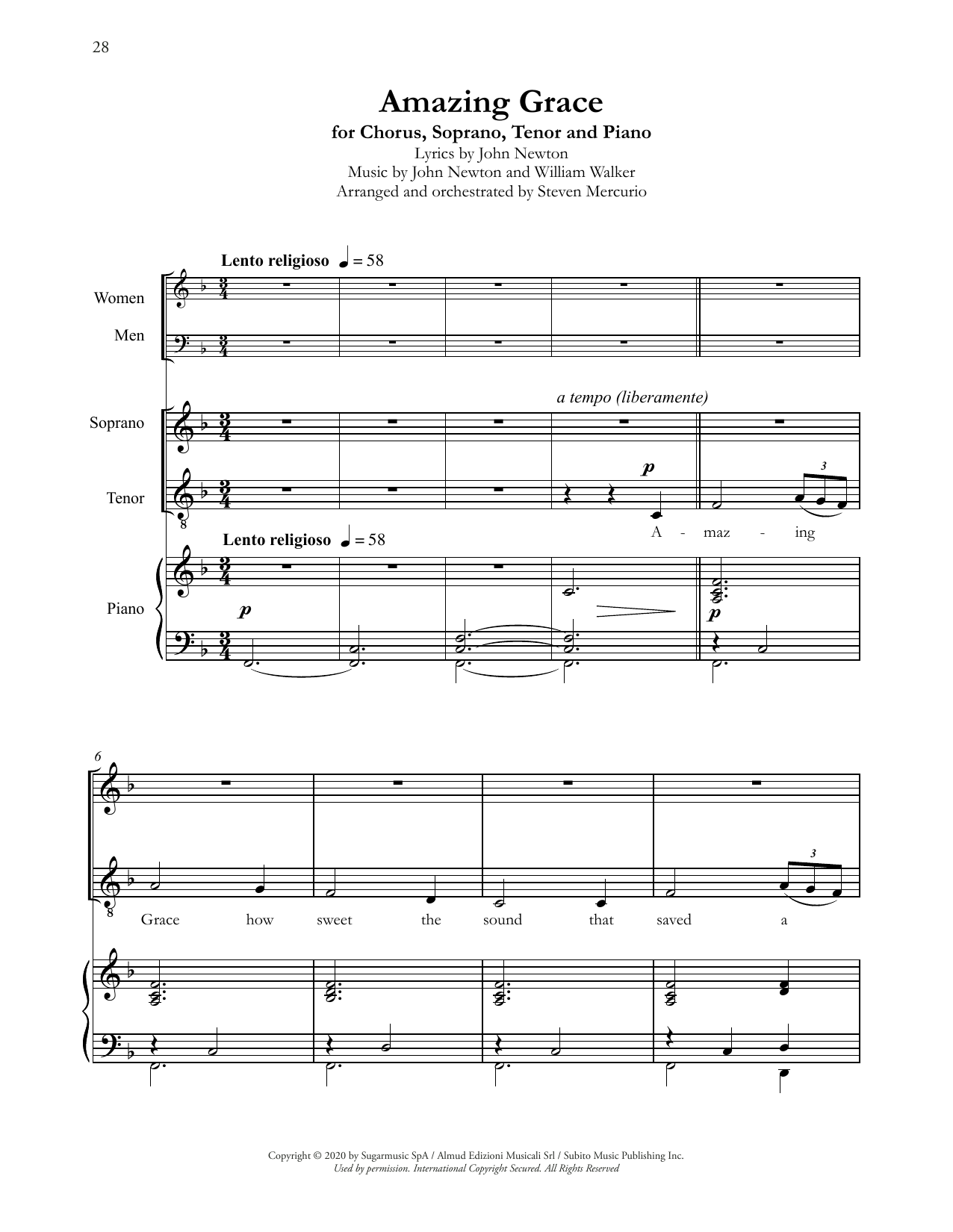 Andrea Bocelli Amazing Grace (arr. Steven Mercurio) sheet music notes and chords arranged for SSATB Choir
