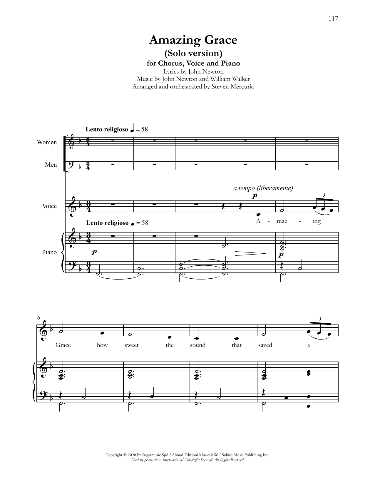 Andrea Bocelli Amazing Grace (Solo version) (arr. Steven Mercurio) sheet music notes and chords arranged for SSATB Choir