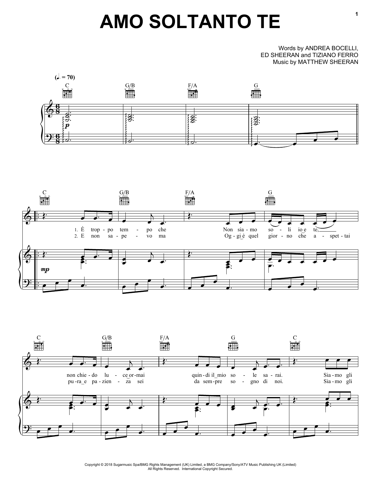 Andrea Bocelli Amo soltanto te (feat. Ed Sheeran) sheet music notes and chords arranged for Piano, Vocal & Guitar Chords (Right-Hand Melody)