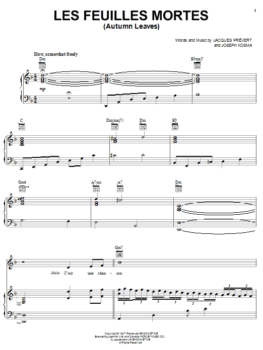 Andrea Bocelli Autumn Leaves sheet music notes and chords arranged for Piano, Vocal & Guitar Chords (Right-Hand Melody)