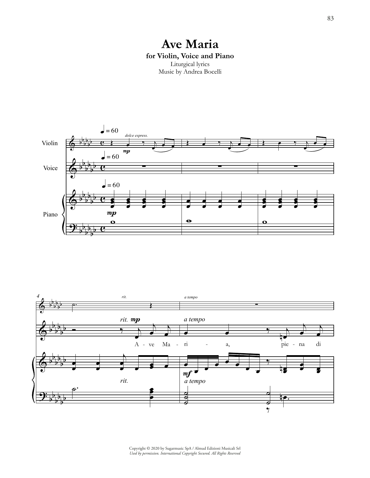Andrea Bocelli Ave Maria (with Violin) sheet music notes and chords arranged for Piano & Vocal