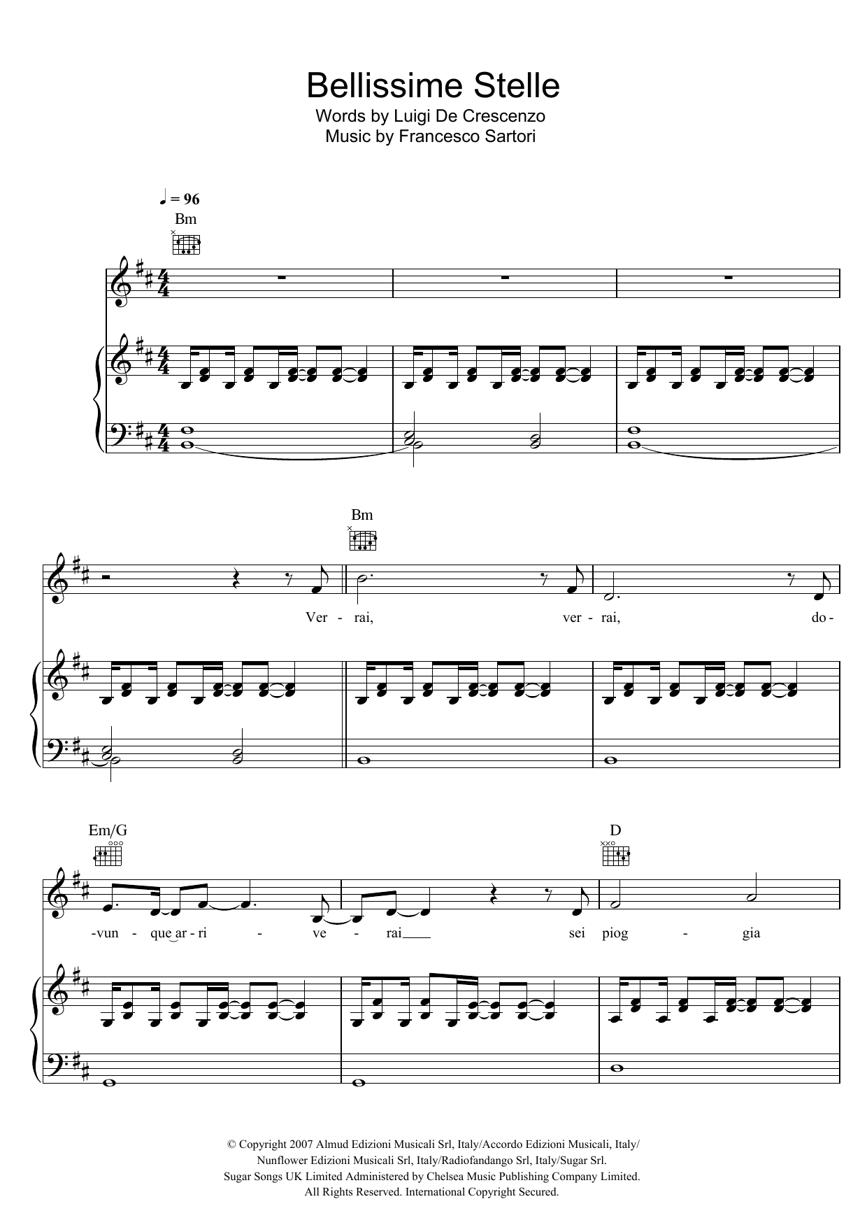 Andrea Bocelli Bellissime Stelle sheet music notes and chords arranged for Piano, Vocal & Guitar Chords