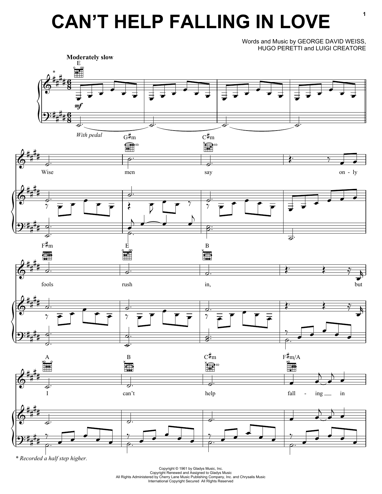 Andrea Bocelli Can't Help Falling In Love sheet music notes and chords arranged for Piano, Vocal & Guitar Chords (Right-Hand Melody)