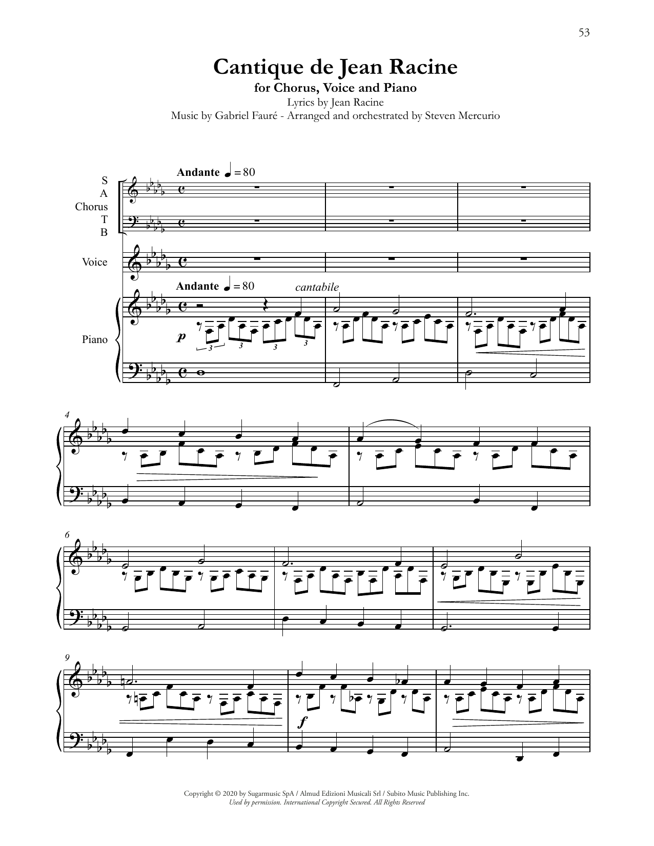 Andrea Bocelli Cantique de Jean Racine (arr. Steven Mercurio) sheet music notes and chords arranged for SATB Choir