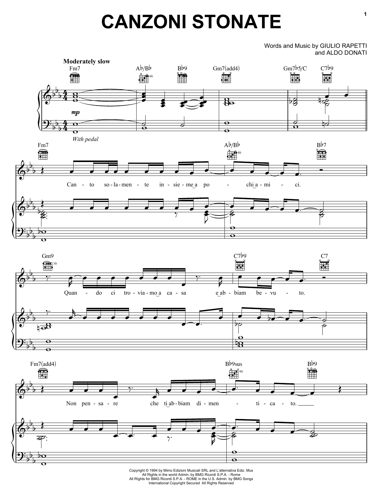 Andrea Bocelli Canzoni Stonate sheet music notes and chords arranged for Piano, Vocal & Guitar Chords (Right-Hand Melody)