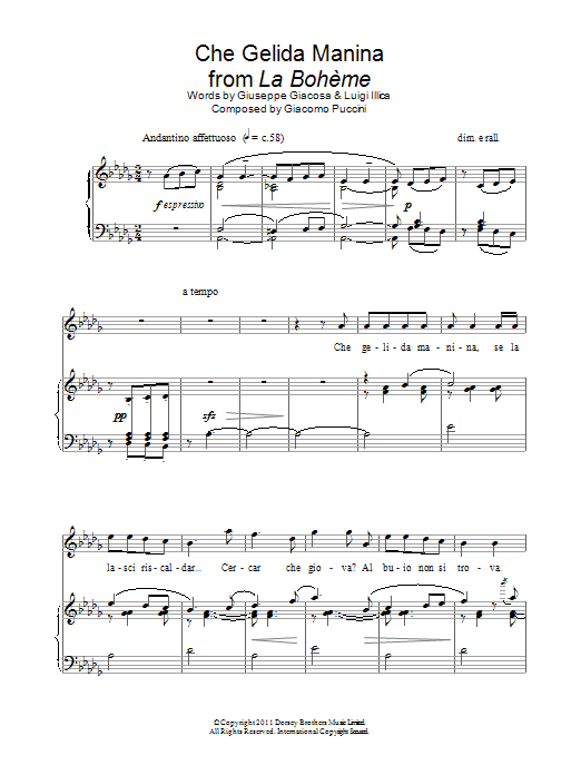 Andrea Bocelli Che Gelida Manina sheet music notes and chords arranged for Piano & Vocal
