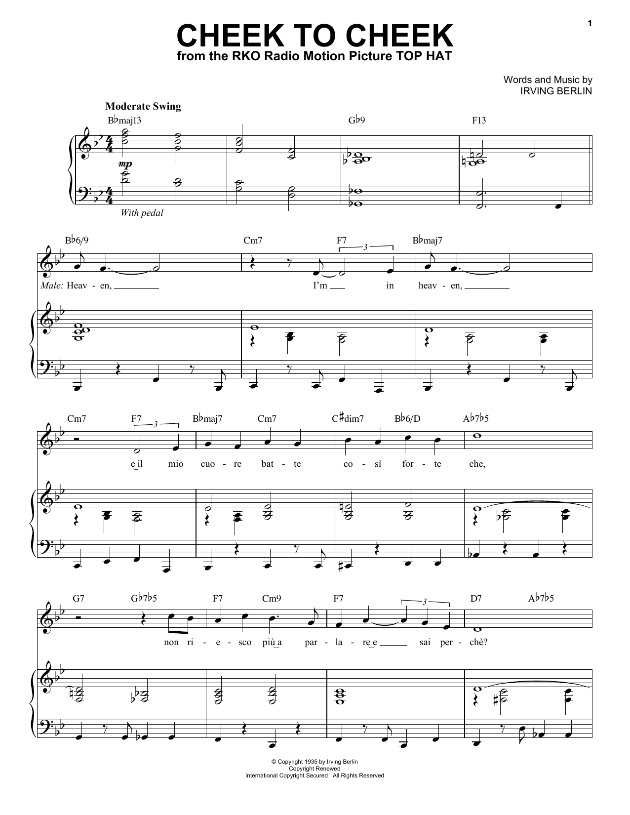 Andrea Bocelli Cheek To Cheek sheet music notes and chords arranged for Piano & Vocal