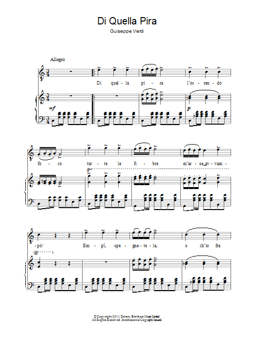 Andrea Bocelli Di Quella Pira sheet music notes and chords arranged for Piano & Vocal