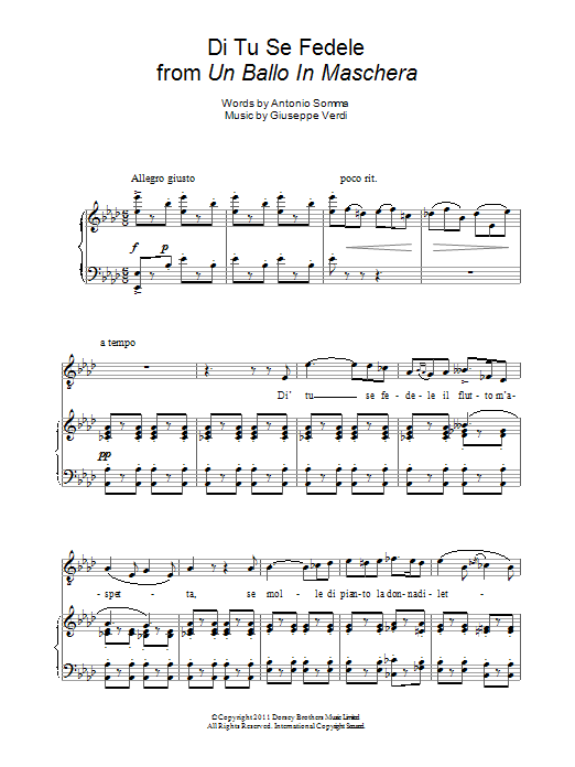 Andrea Bocelli Di Tu Se Fedele sheet music notes and chords arranged for Piano & Vocal