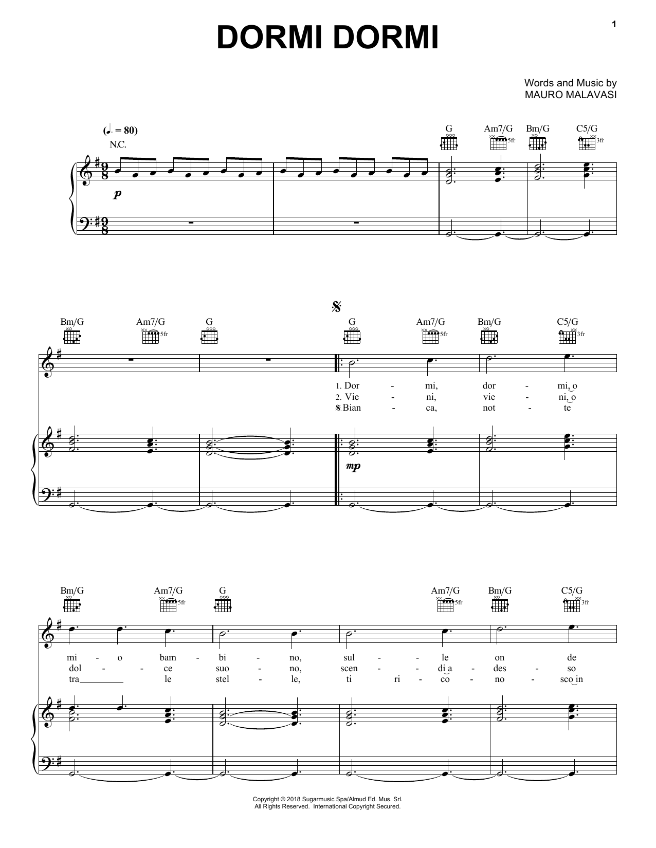Andrea Bocelli Dormi Dormi sheet music notes and chords arranged for Piano, Vocal & Guitar Chords (Right-Hand Melody)